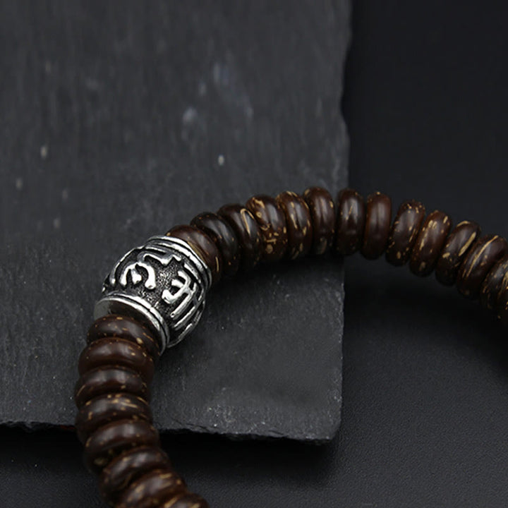 Armband Om Mani Padme Hum – Energie Holzperlen Silber Verschluss Braun