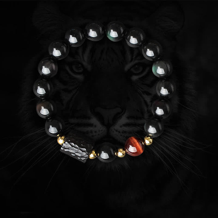 Armband Schwarzer Obsidian Tigerauge Paar – Stärke mit Perlen und Flügel