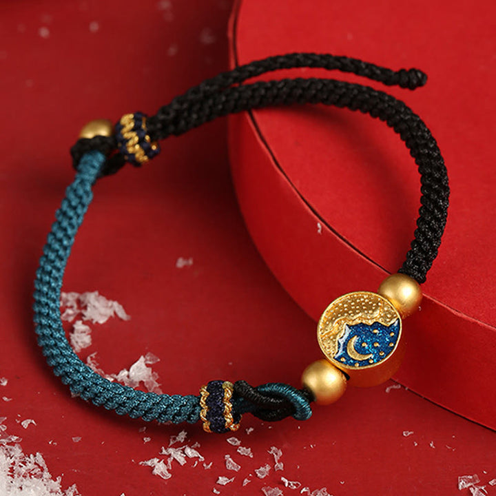 Armband Paar – Glück mit Mond Charm, schwarzes elastisches Seilband