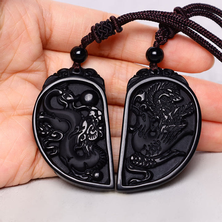 Kette schwarzer Obsidian Drachen Phönix Schutz Anhänger