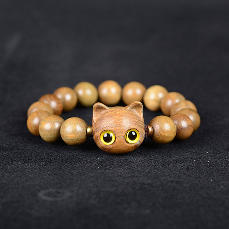 Sandelholz Katzen Armband mit gelben Augen elastisch Perlen