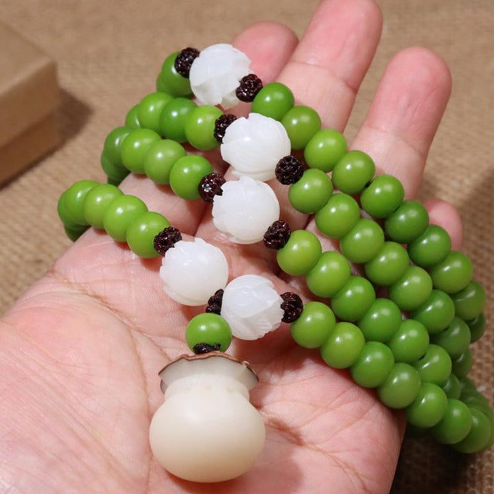 Mala Bodhi – Weisheit Armband grüne Perlen weiße Jade elastisch Handgelenk