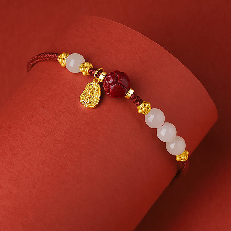 Armband Weiße Jade Zinnober Lotus Glück elegantes Accessoire rot