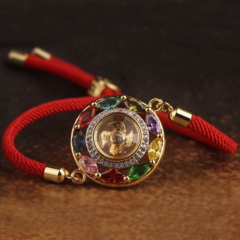 Armband Kupfer mit Glücksengel und bunten Steinen rotes Seil elegant