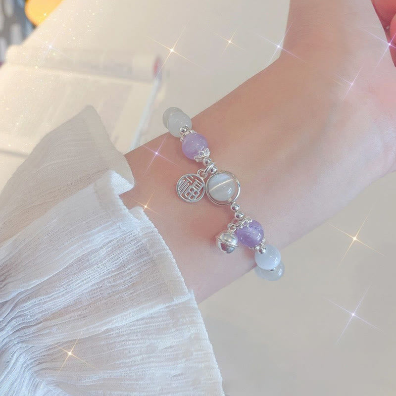 Armband Amethyst Fu-Zeichen Naturstein lila Perlen Silber elegant