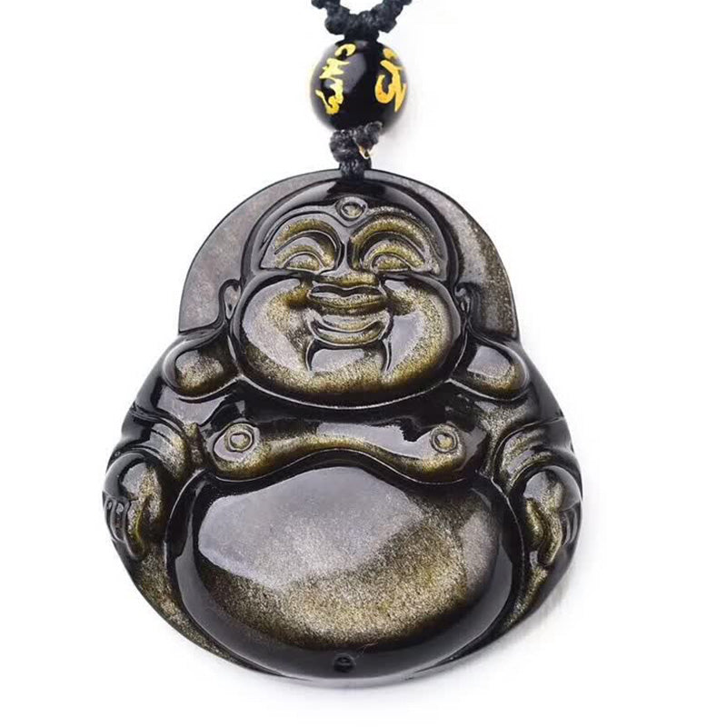 Kette Obsidian Lachender Buddha Wohlstand Anhänger Goldglanz