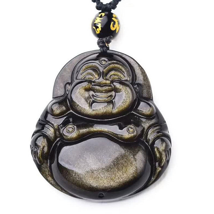 Kette Obsidian Lachender Buddha Wohlstand Anhänger Goldglanz