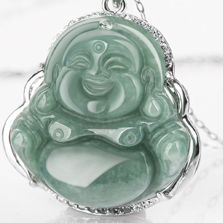 Jade Lachender Buddha – Wohlstand & Gelassenheit – Bild 6 – Jade Lachender Buddha Anhänger grün silberner Fassung Naturstein Glücksbringer