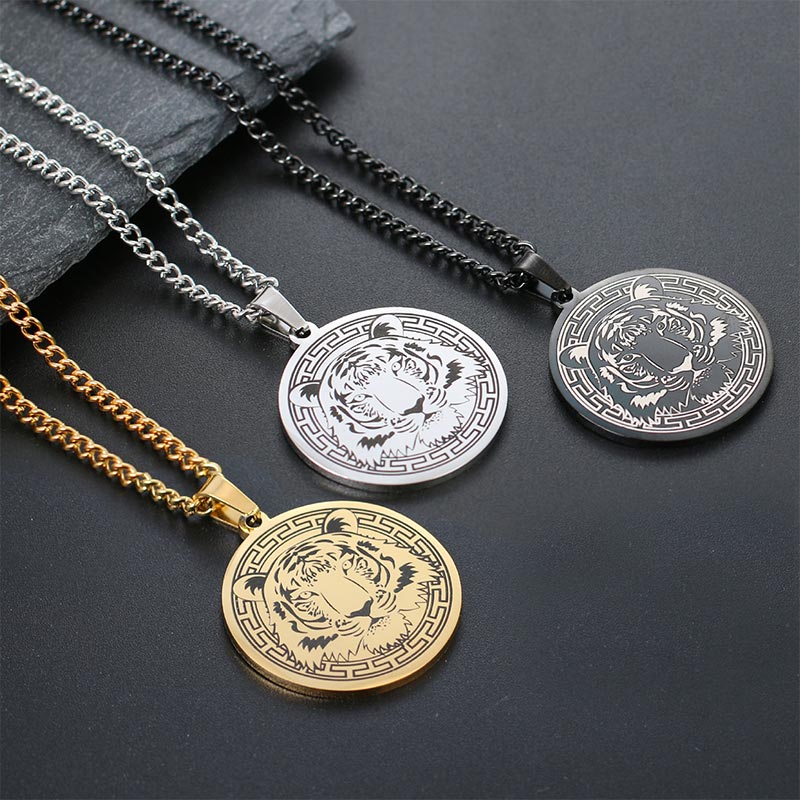 Kette Titanstahl Tier-Amulett Schutz Tiger Medaillon