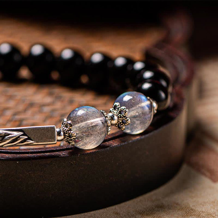 Mondstein Armband 925 Silber mit schwarzen Perlen Paar Stärke