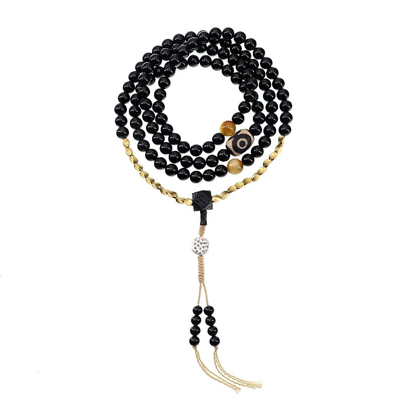 Mala Schwarzer Onyx – Schutz Perlen Halskette mit goldenem Quasten Anhänger