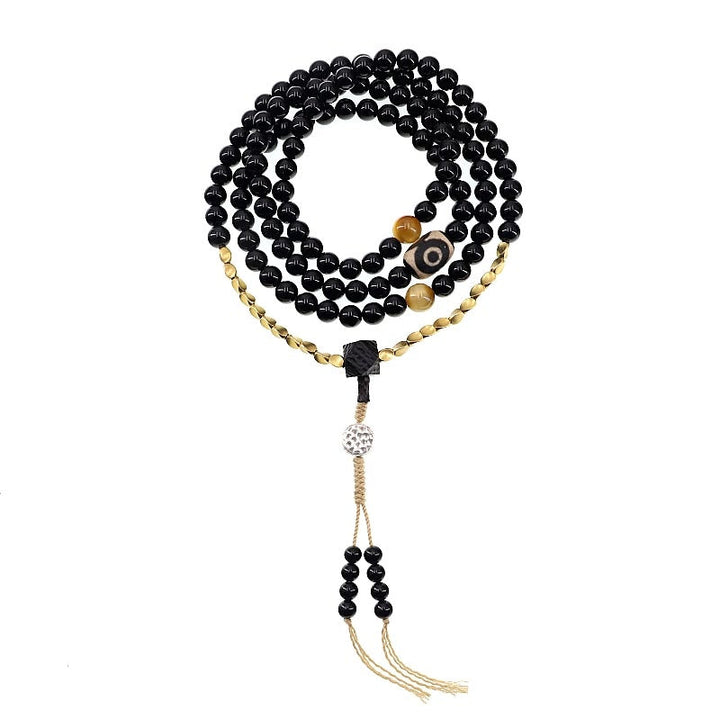 Mala Schwarzer Onyx – Schutz Perlen Halskette mit goldenem Quasten Anhänger