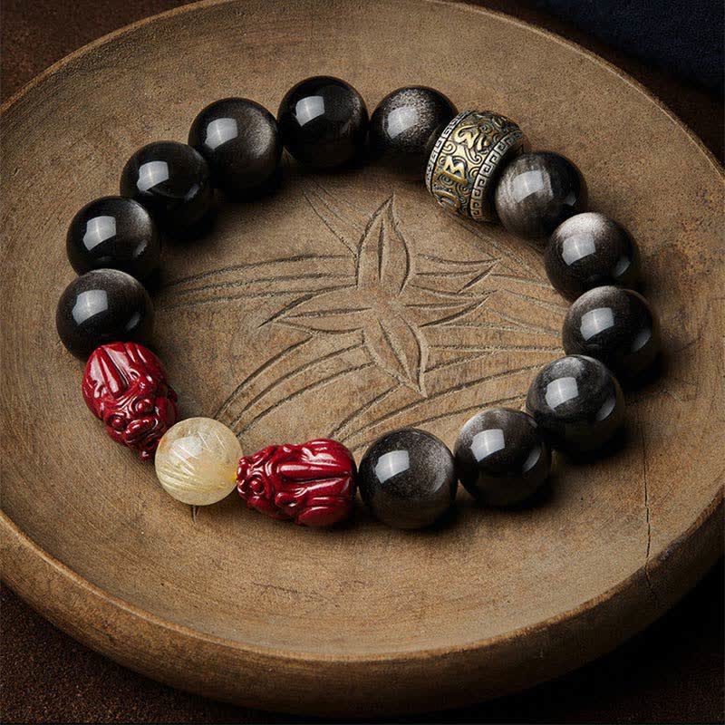 Armband Obsidian Zinnober Om Mani Padme Hum Schutz schwarze Perlen