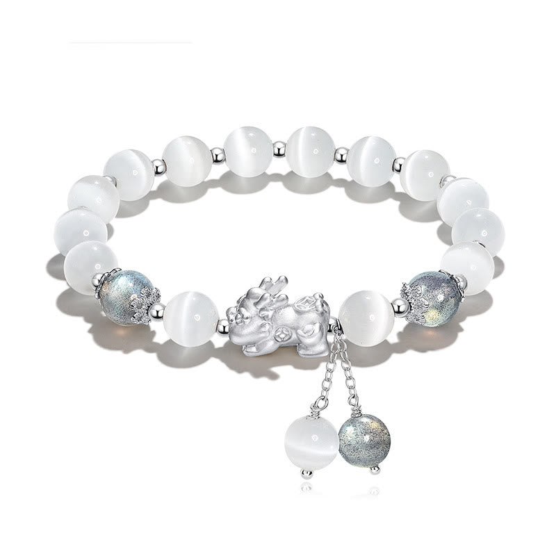 Weißes Armband Mondstein Pixiu Charm Silber elastisch Naturstein
