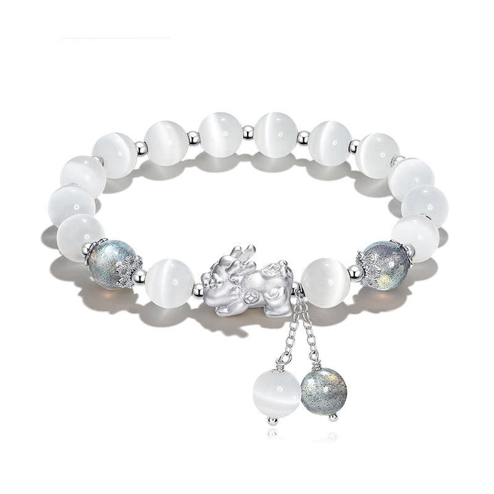 Weißes Armband Mondstein Pixiu Charm Silber elastisch Naturstein