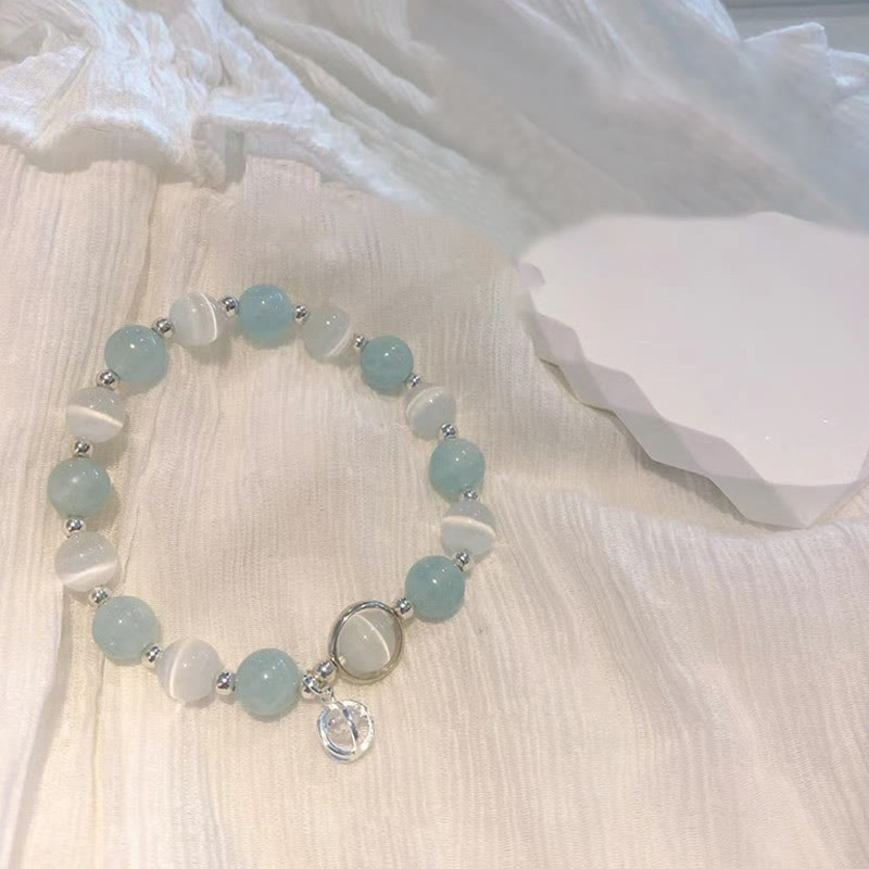 Aquamarin Armband 925 Silber Katze Anhänger Naturstein elastisch