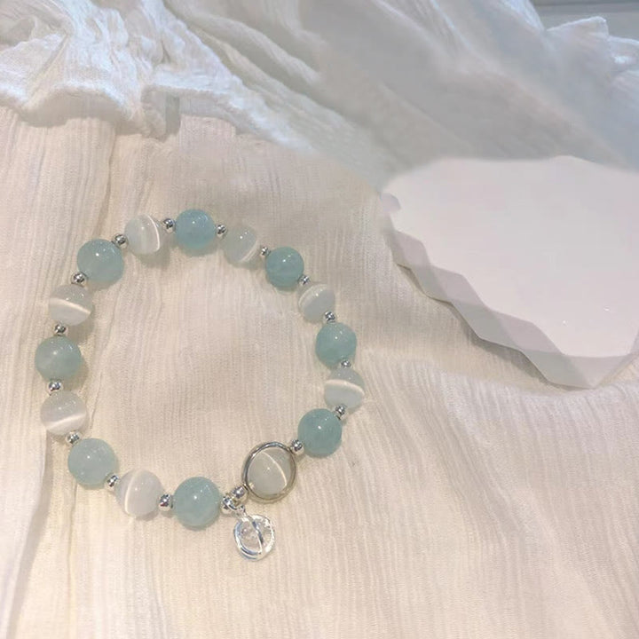 Aquamarin Armband 925 Silber Katze Anhänger Naturstein elastisch