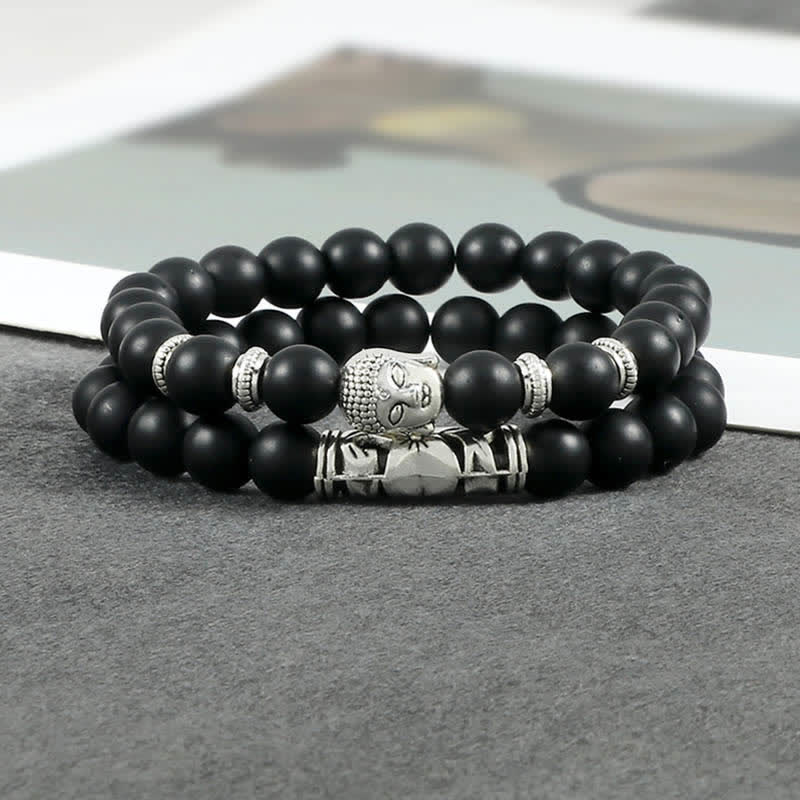 Schwarzes Achat Armband Kristall Schutz Buddha Kopf Naturstein elastisch