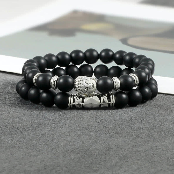 Schwarzes Achat Armband Kristall Schutz Buddha Kopf Naturstein elastisch