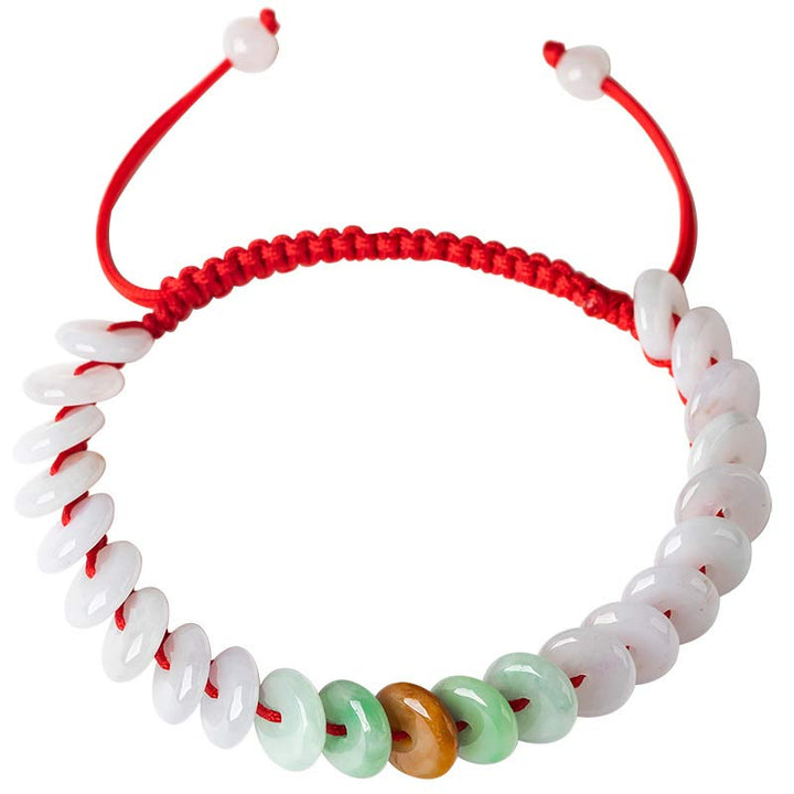 Jade Armband mit roten Fäden und weißen Perlen Glück Energie