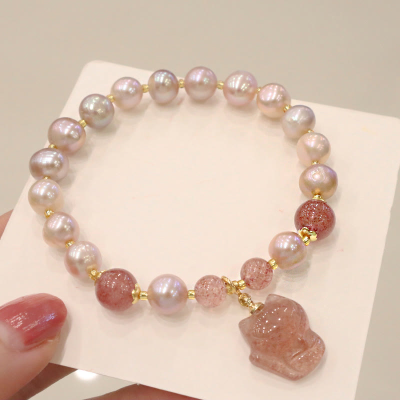 Armband Erdbeerquarz Perle Fuchs rosé Perlen gold Perlenarmband elegant.