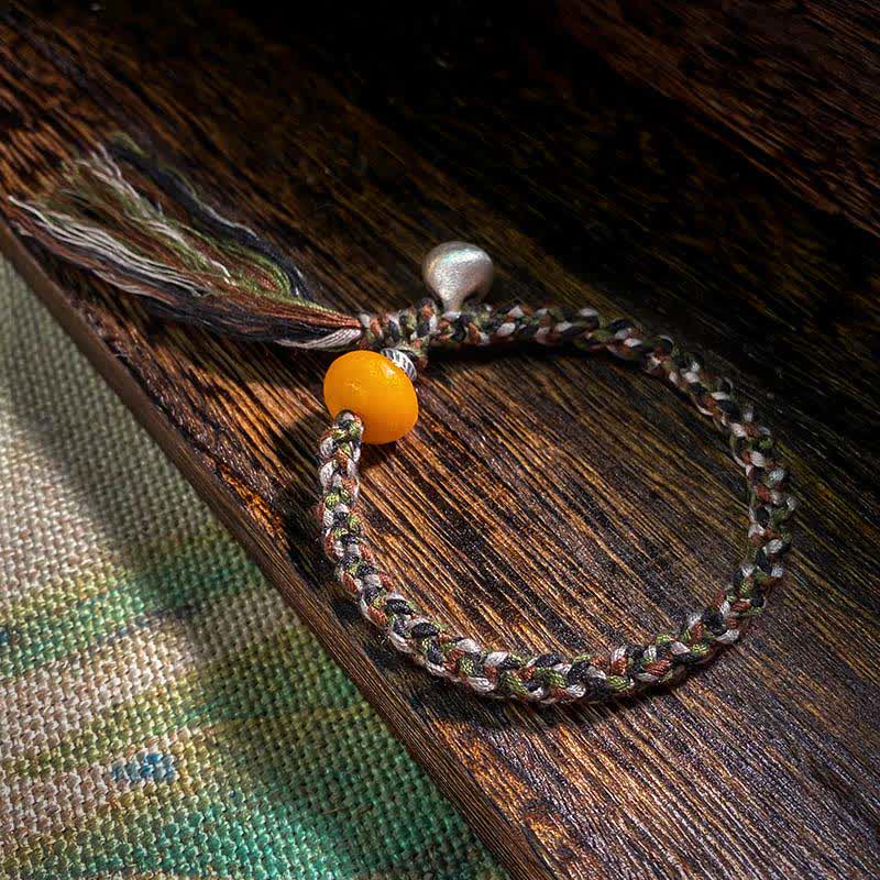 Armband 925 Silber – Schutz mit orangefarbener Bernsteinperle handgewebt