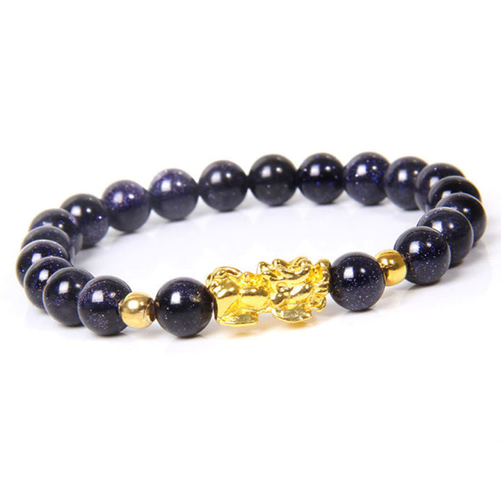 Obsidian Pixiu Armband mit goldenen Perlen schwarze Natursteinkugeln Glück Wohlstand