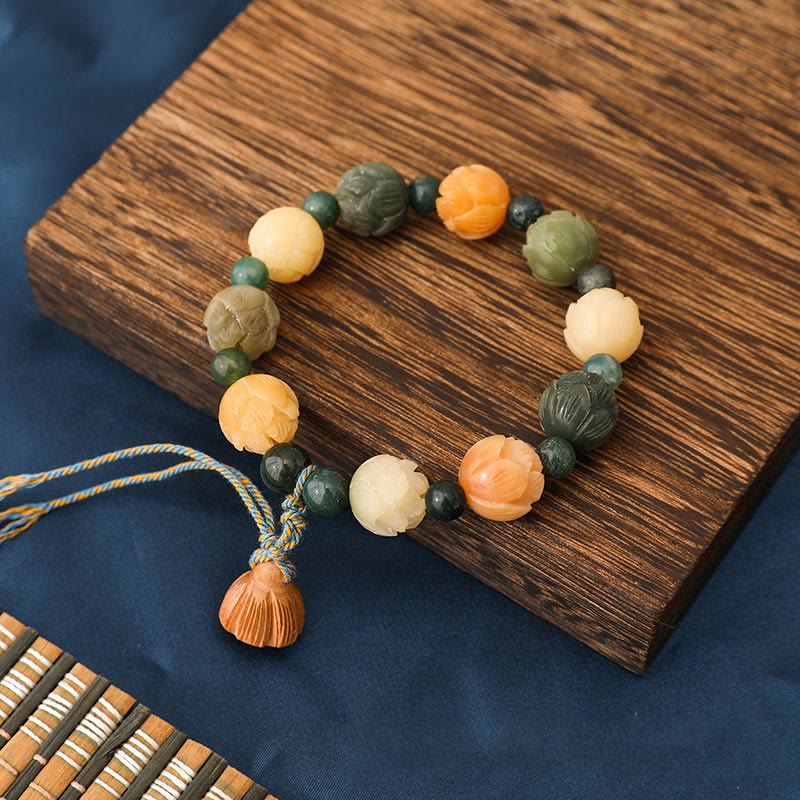 Armband Achat Bodhi Lotus Frieden Ruhe Naturstein Perlen Holz.