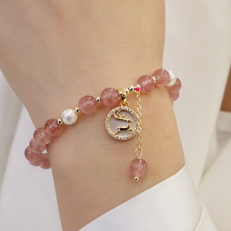 Armband Erdbeerquarz Perle Fu-Zeichen Heilung Naturstein Rosa Handgelenk