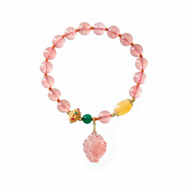 Armband Erdbeerquarz Fuchs Heilung rosa Perlen Anhänger elastisch