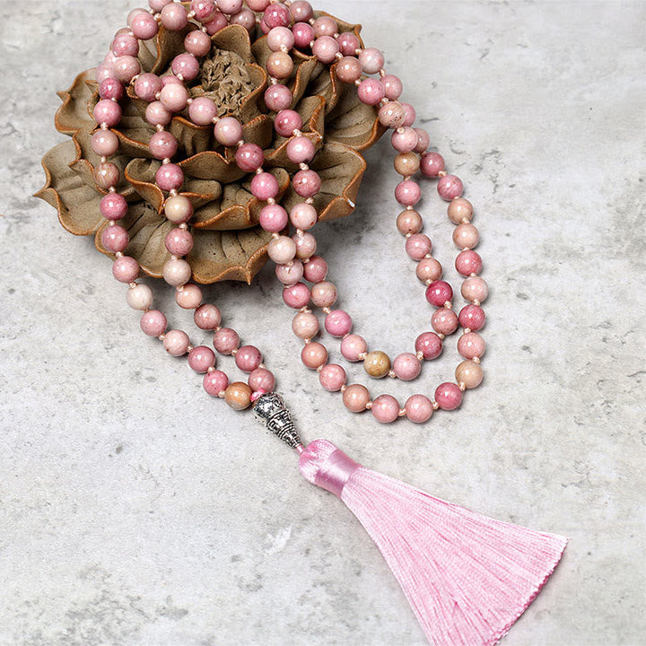 Mala 108 Rhodonite Perlen Yoga Halskette rosa Quaste Flatlap