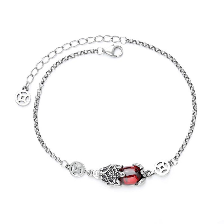 Pixiu Armband Silber mit rotem Stein Wohlstand Energie elegant
