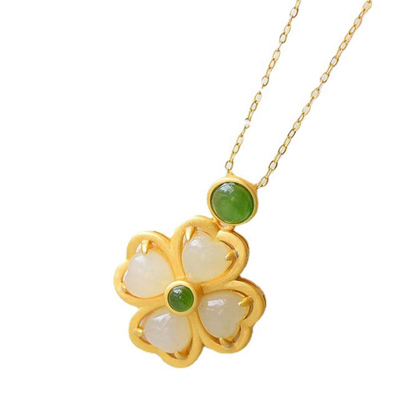Kette Jade Kleeblatt – Wohlstand & Klarheit – Bild 15 – Kette Jade Kleeblatt Gold Anhänger grüne weiße Natursteine Wohlstand