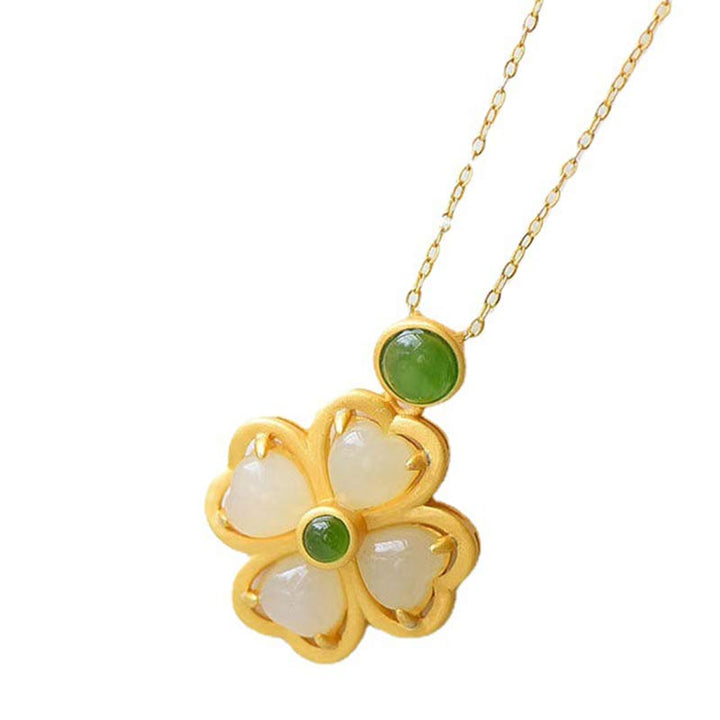 Kette Jade Kleeblatt – Wohlstand & Klarheit – Bild 15 – Kette Jade Kleeblatt Gold Anhänger grüne weiße Natursteine Wohlstand
