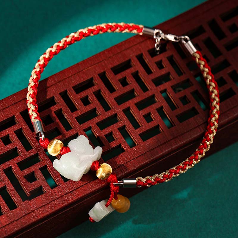 Rotes Seidenarmband Jade Chinesisches Tierkreis Wohlstand Energie Glücksbringer