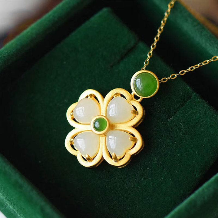 Kette Jade Kleeblatt – Wohlstand & Klarheit – Echter Naturstein – Kette Jade Kleeblatt – Wohlstand & Klarheit Anhänger goldfarben