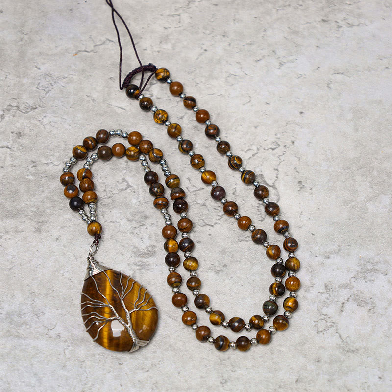 Anhänger Tigerauge Buddha-Perlen Natur Stärke Lebensbaum Mala-Kette