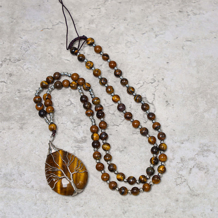 Anhänger Tigerauge Buddha-Perlen Natur Stärke Lebensbaum Mala-Kette