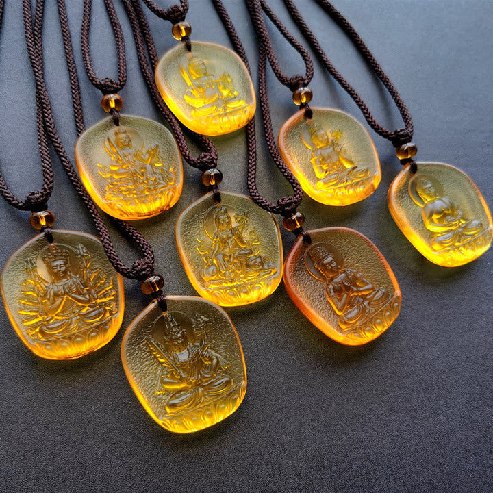 Anhänger Kette Liuli-Kristall Tierkreis-Buddha bernsteinfarben Schutzgottheit