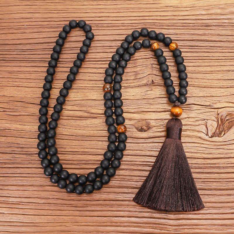 Mala 108 Perlen schwarze Achat mit brauner Quaste Holzperlen