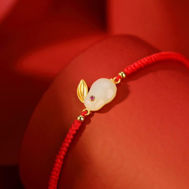 Armband Jade Hase 925 Silber Rot Schnur