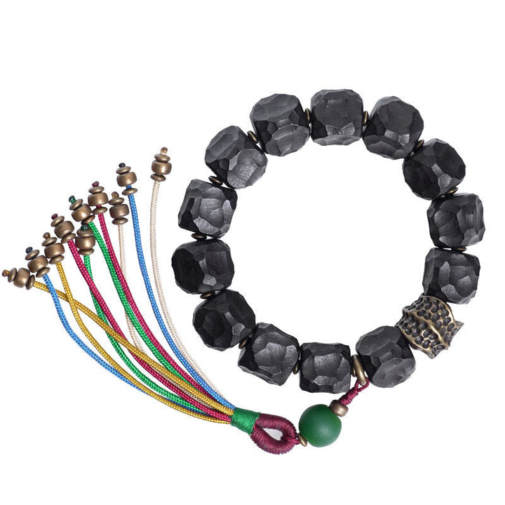 Mala Kupfer Ebenholz Frieden schwarze Perlen Armband bunte Quasten