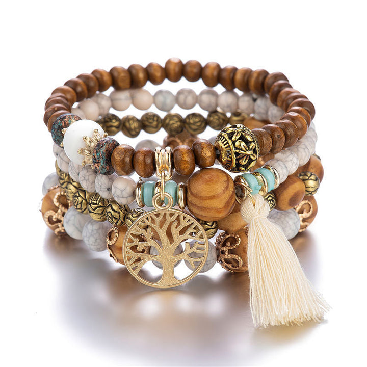 Armband – Heilung mit Holzperlen, weißen Steinen und Baum-Anhänger