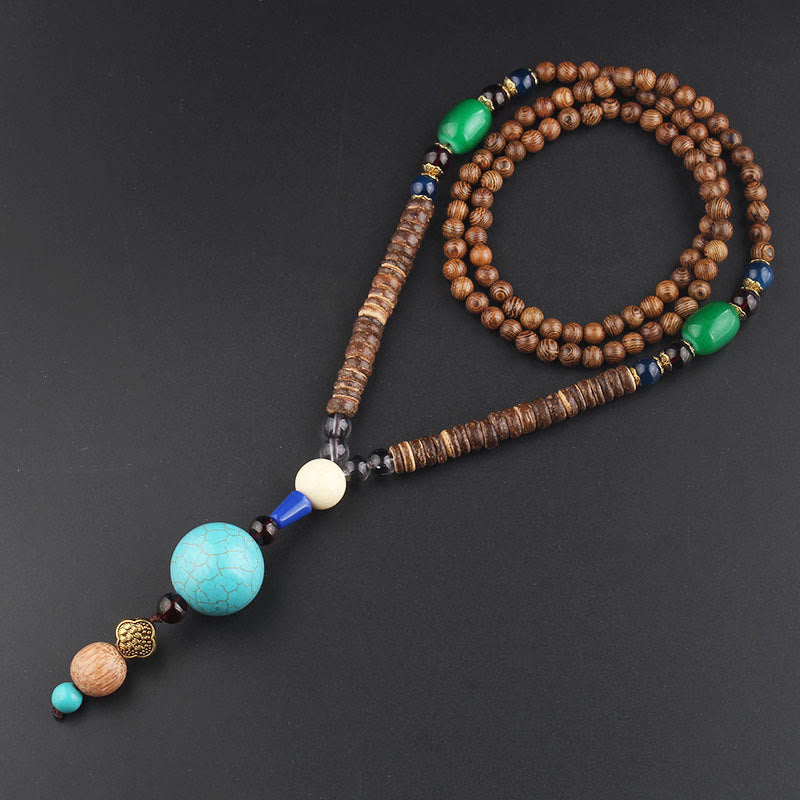 Anhänger Kette Tibetischer Bodhi Achat Harmonie Türkis Holzperlen