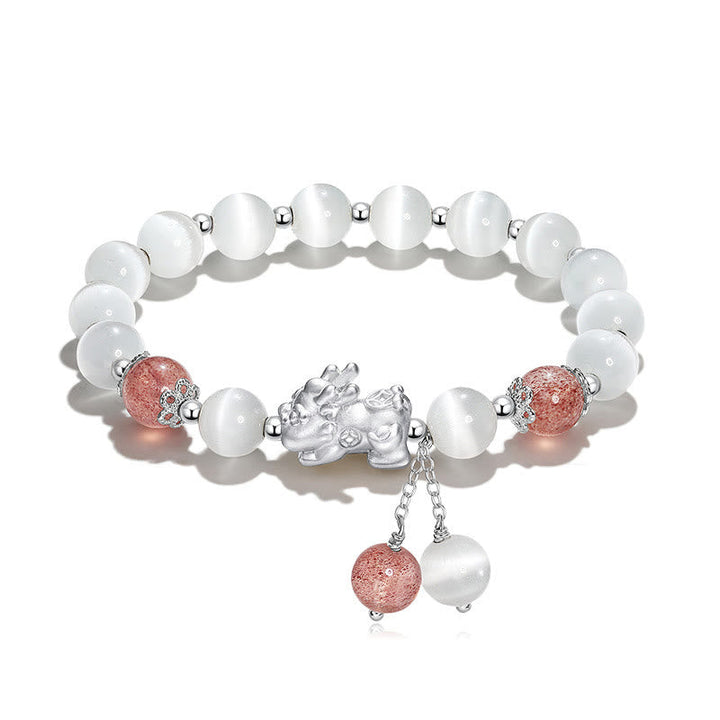 Armband Erdbeerquarz Mondstein Pixiu Perlen weiß rosa elegant.