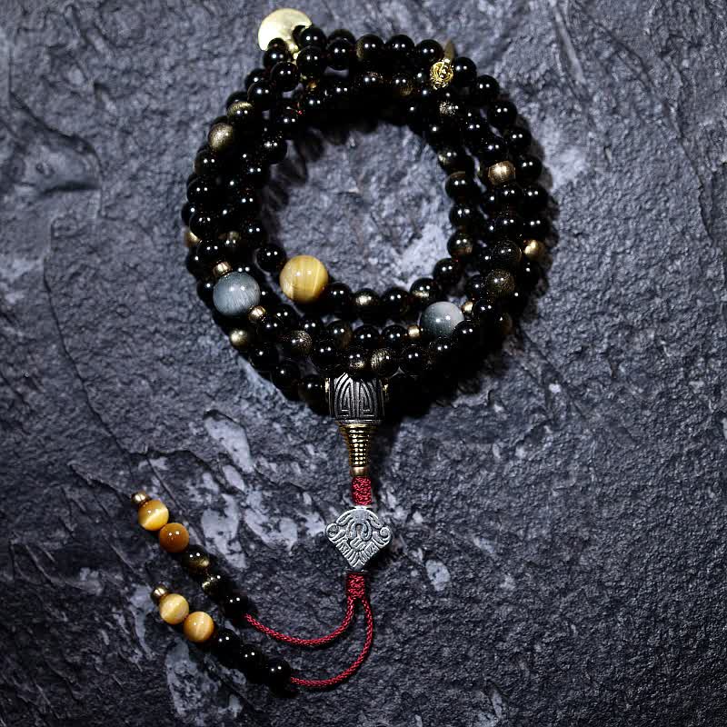 Mala Tigerauge Obsidian Armband schwarze Perlen Wohlstand Schmuck