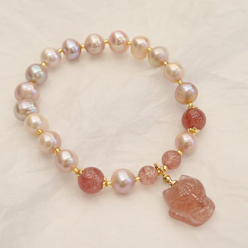 Armband Erdbeerquarz Perle Fuchs rosé Perlen Gold elastisch Naturstein