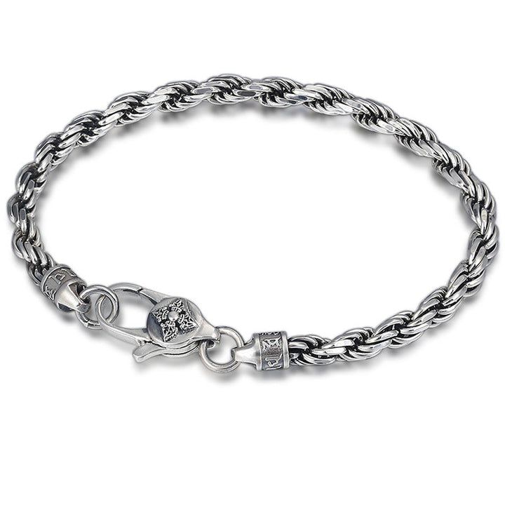 Silbernes Seilarmband mit Om Mani Padme Hum Verschluss elegant präsentiert.