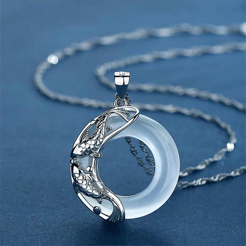 Anhänger Jade Koi Fisch Silber Mondstein elegant Halskette Schmuck