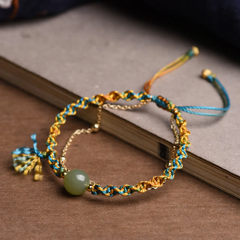 Armband Jade – Glück & Fülle Stärke, grüner Stein, golden blau geflochten elastisch